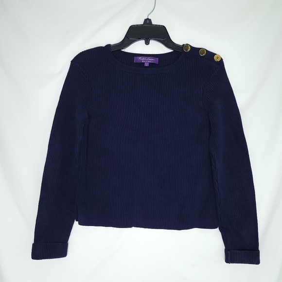 RALPH LAUREN Purple Label Silk Navy Ribbed Sweater Women's LARGE - Picture 1 of 16